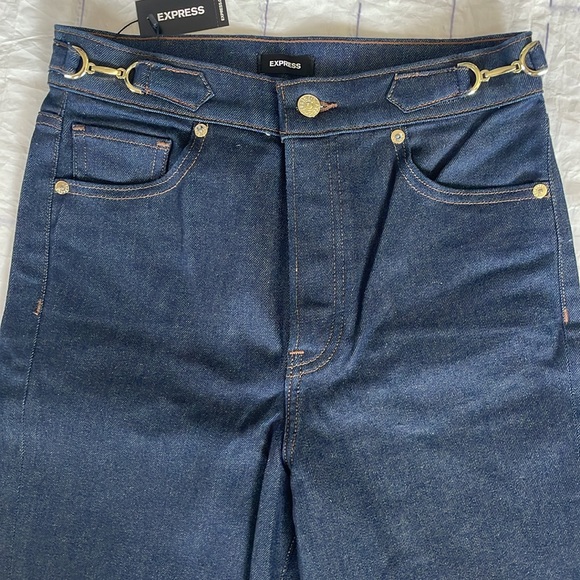 ExpressMom Jeans Women's Navy Denim Buckle Waist High Rise Straight Leg, Size 2R - Picture 3 of 10